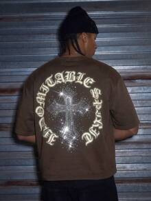 AXEPEAK Men's Casual Loose Short Sleeve T-Shirt, White With Printed Rhinestone Handmade Label, Summer - Brown - View 3