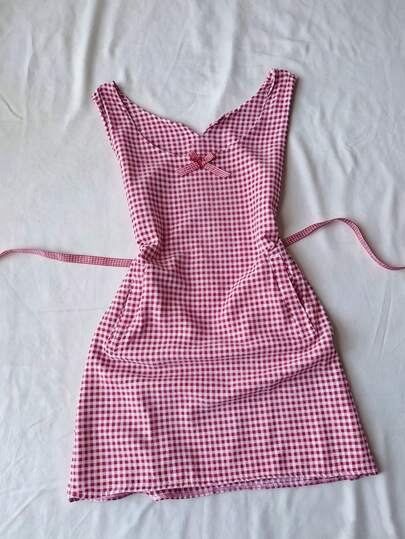 GlowEve Women's Round Neck Plaid Bow Decor Casual Party Mini Dress