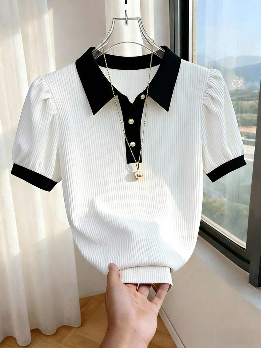 SHEIN Franclia 纯色优雅都市通勤风休闲浪漫女式T恤 - 黑與白 - 查看 1
