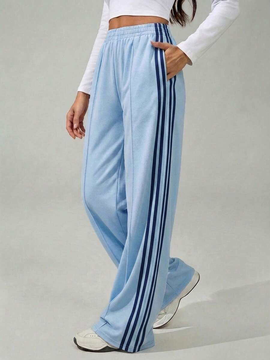 SHEIN Tall Women's Elastic Waist Side Stripe Wide Leg Loose Casual Sweatpants,Back To School, Tall Women - Blue - View 1