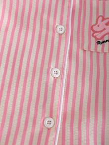 Young Girls' Striped Short Sleeve Pajama Set, Embroidered Rabbit Pocket, Spring/Summer/Autumn - Rose Red - View 4