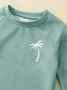 SHEIN 两件套男婴夏季休闲度假绿色长袖泳衣和条纹泳裤套装，适合海滩、泳池、水疗中心穿着。 - 彩色 - 查看 7