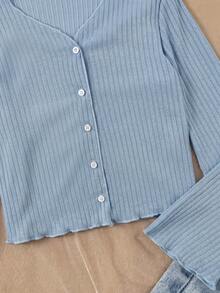 Tween Girls Casual Everyday Knit Collar Ruffle Trim Blue Fitted Cardigan With Flare Sleeves - Blue - View 5