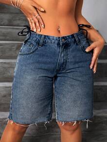 SHEIN EZwear Plus Size Plain Simple Everyday Denim Shorts - Dusty Blue - View 3