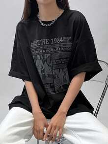 DAZY Women's Character Slogan Printed Drop Shoulder Loose T-Shirt Graphic Tee Oversized T-Shirt - Black - View 9