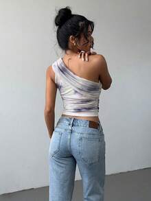Aloruh Áo croptop nữ kiểu dáng thanh lịch, gợi cảm, in họa tiết tie-dye, chất liệu lưới, ôm sát, xếp ly, thắt nơ phía trước, phong cách Y2K. - Bụi tím - Xem 2