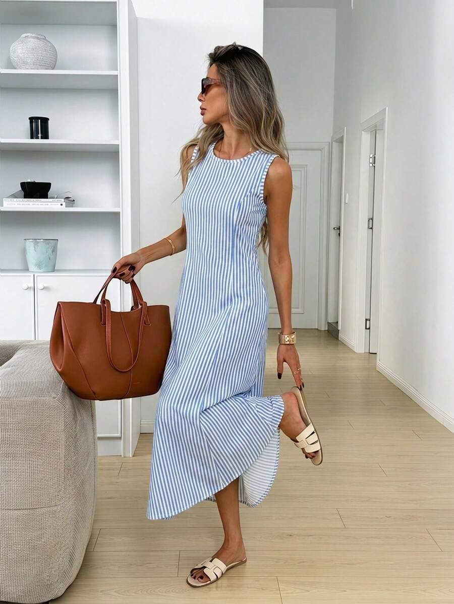 Easowa Đầm nữ không tay cổ tròn, kiểu dáng thường ngày, thích hợp mặc trong mùa hè, đầm dài thanh lịch không tay thắt eo, thích hợp cho những buổi đi chơi mùa hè. - Nhiều màu - Xem 1