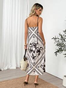 Easowa Vestido de muñeca con cuello cuadrado, bolsillo en diagonal y línea A, vestido de tirantes finos, estampado geométrico retro, casual, holgado, elegante, estilo vintage para uso diario, primavera/verano - Multicolor - Ver 2