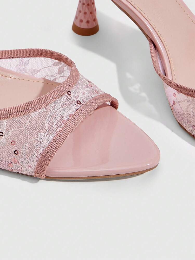 CUCCOO SZL Women Shoes Spring And Summer Sequins Mesh Splicing One-Word Strap Open-Toed Alien Heel High Heel, Fairy Wind Mesh Patent Leather Multi-Color Women's High Heel Sandals Dating Commuter Shopping Banquet Party Wedding Festival Gift-Giving