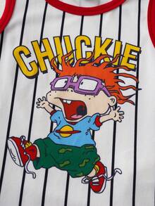 Nick 90s | SHEIN Young Boy Summer Casual Sports Daily Commute Cartoon Character Letter Striped Print Trim Tank Top - White - View 5