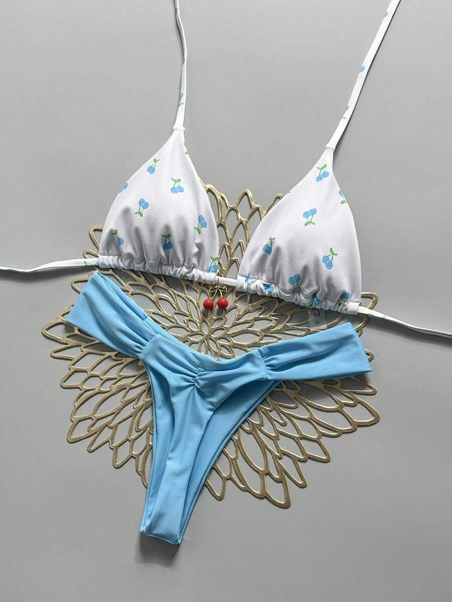 Swim Mod 两件套,随机樱桃印花挂脖三角比基尼上衣和下装,性感女士夏季泳装 - 藍色 - 查看 1