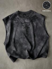 PAVTROS 男士街頭風復古面料刺繡無袖上衣，休閒穿搭適用於外出、聚會，男友/丈夫禮物、週年紀念禮物、節日 - 黑色 - 查看 4