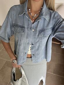 DAZY Áo khoác denim ngắn nữ mùa xuân hè cài khuy bấm kiểu dáng thường ngày - Màu xanh lam - Xem 4