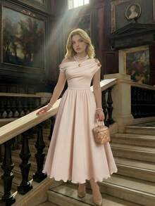 MOD Vestido midi asimétrico de hombro elegante de color albaricoque para mujer de talla grande, adecuado para fiestas de té en el jardín, citas y fiestas - Albaricoque - Ver 7