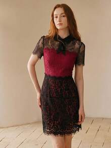 MOTF PREMIUM WOMEN'S BLACK & RED CONTRAST LACE WAIST CINCHED CROP SHORT SLEEVE MINI DRESS - Burgundy - View 5