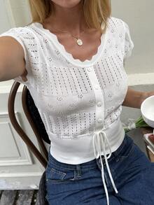 DAZY Women's Solid Color Single-Breasted Button Design Casual French Knit Top, Spring Summer Day Party White Vacation - White - View 5