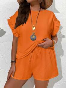 EMERY ROSE Conjunto de 2 piezas de top y shorts de unicolor casual de verano para mujer de talla grande - Naranja - Ver 4