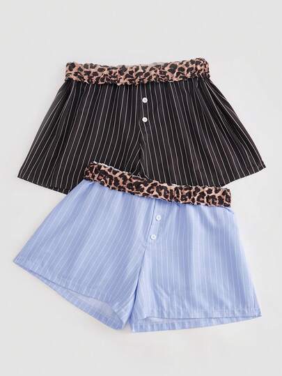 Chillnights 2pcs/Set Young & Striped Contrast Color Women Pajama Shorts