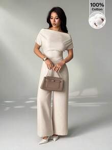 SHEIN PETITE Bộ đồ nữ mùa hè mới về, kiểu dáng đơn giản, thanh lịch, thường ngày, chất liệu vải lanh, gồm áo sơ mi cổ rộng, trễ vai và quần ống rộng. - Màu be - Xem 6