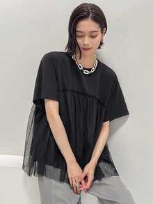 FRIFUL Women's Solid Color Round Neck Short Sleeve T-Shirt With Mesh Ruffle Hem School - Black - View 4