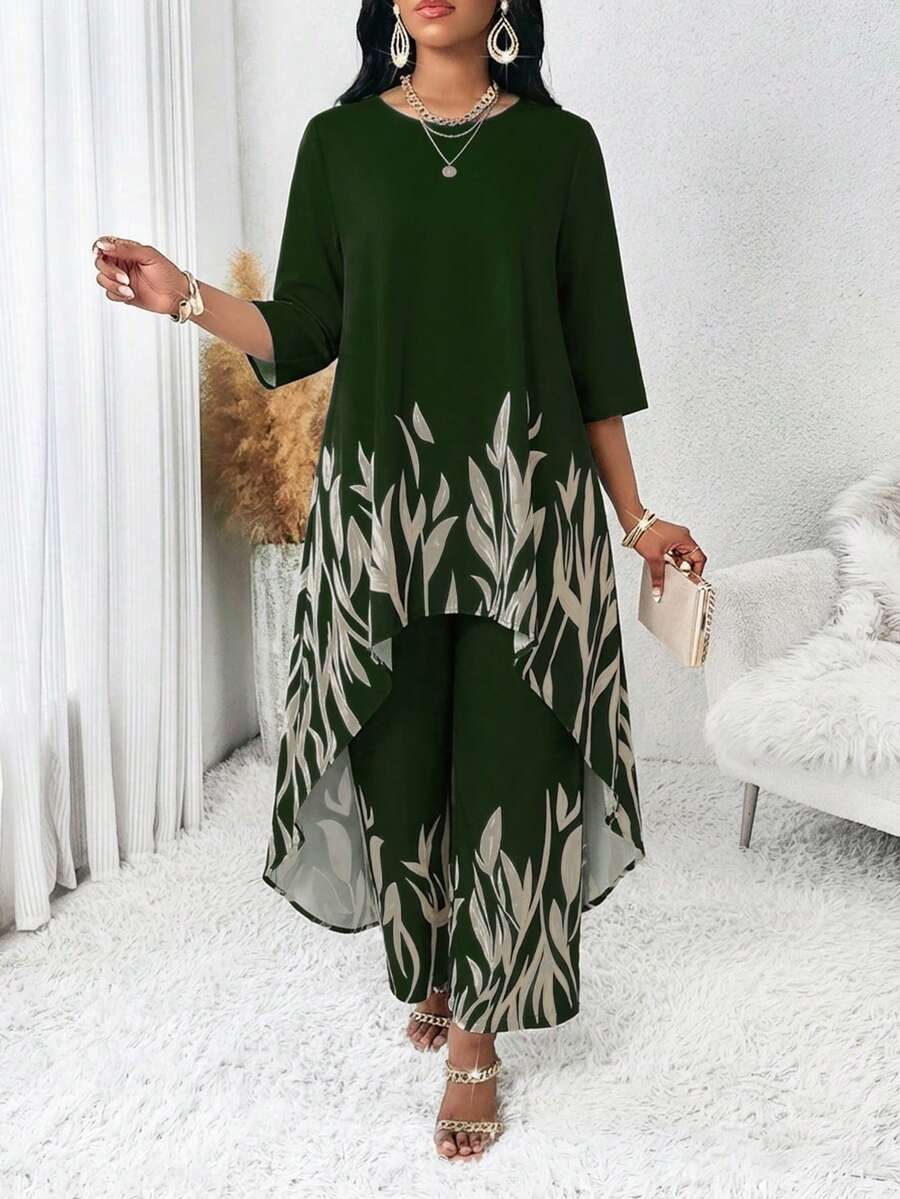 SHEIN Lady 女款綠葉印花不對稱下擺上衣與寬腿褲套裝休閒兩件式穿搭 - 綠色 - 查看 1