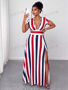 Maweii Plus Size Summer Fashion Color Block Striped Dress - Multicolor - View 4