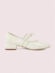 CUCCOO DOLLMOD Zapatos de mujer con punta redonda, de cuero patentado beige, con lazo y doble correa, tacón grueso, estilo Mary Jane, estilo universitario, lindo, dulce, tacones altos - Blanco roto - Ver 9
