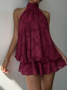 Vestido mini elegante de mujer con cuello halter y lazo en color amarillo claro - Beis - Ver 3