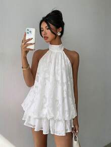Elegant Women's Mini Dress With Halter Neck And Bow In Light Yellow - Cream - View 6