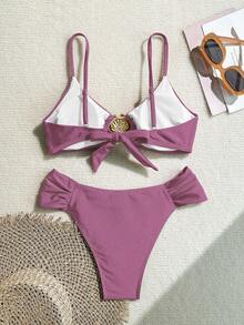 Swim Basics Women's Sexy Metal Decor Bikini Set, Includes Bra Top And Ruched Briefs, Suitable For Beach & Holiday - Purple - View 2