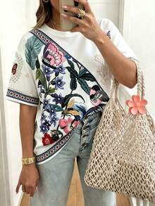 EMERY ROSE Women's Brown T-Shirt, Summer Bali Vacation Faux Embroidery Beaded Pattern Print T-Shirt, Round Neck Loose Elegant Tee Suitable For Daily Wear, Gym - White - View 1