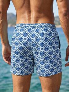 Azuldrift Quần short đi biển nam mùa hè in họa tiết toàn thân, cạp chun, có dây rút. - Màu xanh hải quân - Xem 3