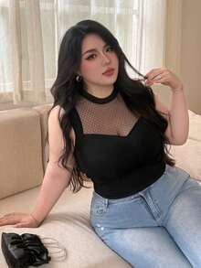 Vibekara Plus Size Mesh Patchwork Sexy Sheer T-Shirt, Spring/Summer - Black - View 6