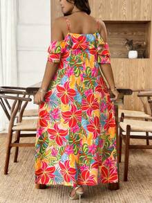 Breezaya Robe d'été à bretelles fines, manches courtes, ourlet fendu, grande taille, multicolore, printemps/été/automne - Multicolore - Voir 2