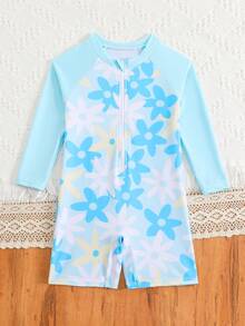 SHEIN Playful Pals 女童鲨鱼印花长袖连体泳衣，可爱图案，防晒，夏季 - 淺藍色 - 查看 3