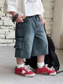 Young BoyLoose Fit Wide Leg Blue Denim Cargo Pants - Dark Wash - View 6
