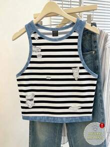 Divinelle Áo tank top nữ dáng ôm, cổ tròn, tối giản, chất liệu giả da máy móc đen trắng kẻ sọc, hiệu ứng giả rách, phù hợp cho mùa hè và phong cách đường phố. - Nhiều màu - Xem 2
