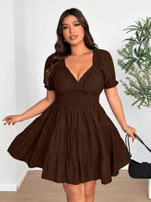 Vionelle Plus Size Woven Elegant V-Neck Puff Sleeve Ruched Dress - Coffee Brown - View 7