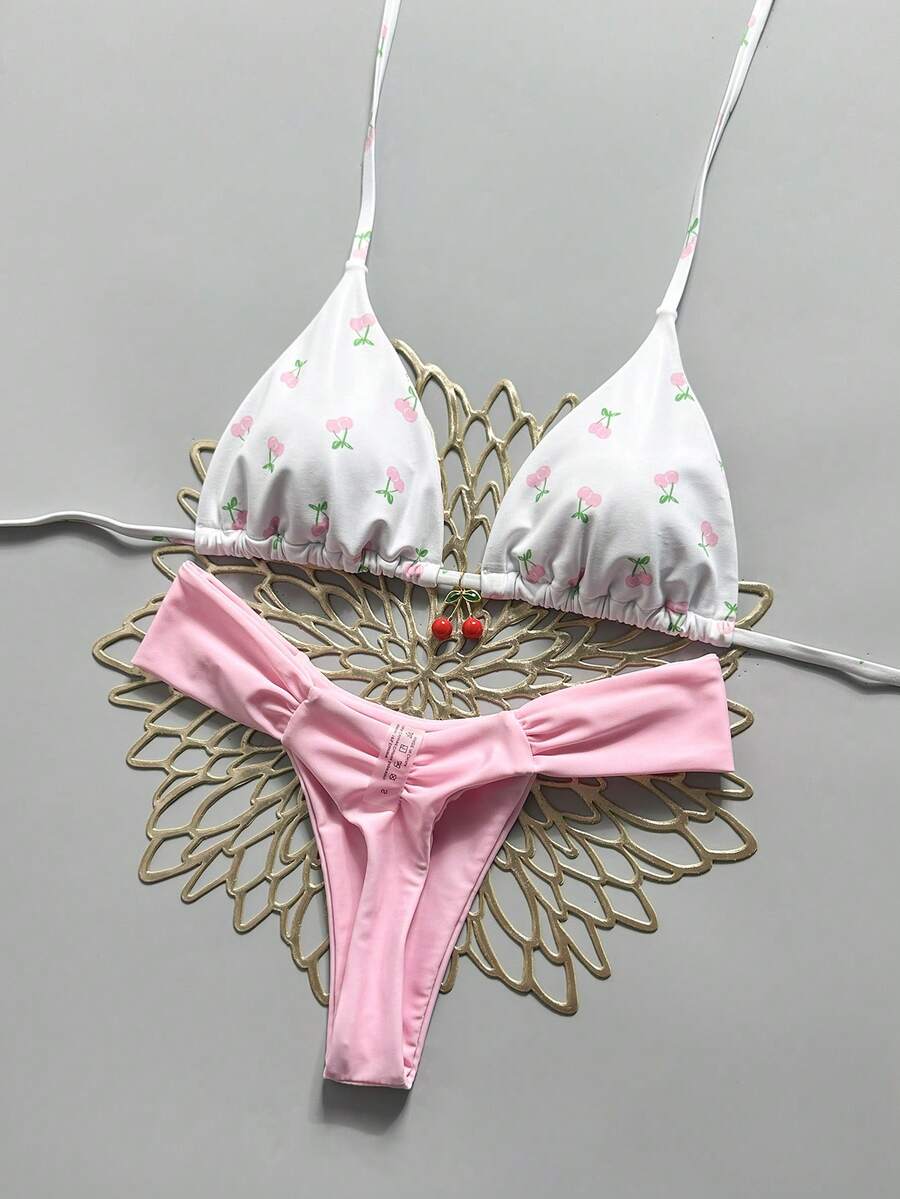 Swim Mod 两件套,随机樱桃印花挂脖三角比基尼上衣和下装,性感女士夏季度假泳装 - 彩色 - 查看 1