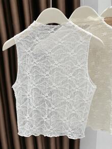 SHEIN Franclia 女士夏季无袖高领蕾丝上衣，弹性纹理面料，荷叶边设计，百搭版型，适合日常穿着、通勤、度假，优雅时尚。 - 白色 - 查看 2