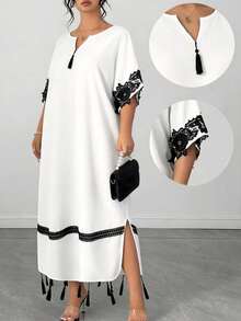 Elenzga Plus Size Colorblock Minimalist Short Sleeve Dress - White - View 1