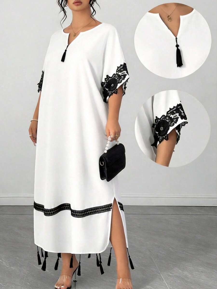 Elenzga Plus Size Colorblock Minimalist Short Sleeve Dress - White - View 1