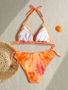 SHEIN Teen Girls' Orange Floral Spaghetti Strap Bikini 2 Pieces Swimwear Set, For Beach Vacation, Spring/Summer - Burnt Orange - View 2
