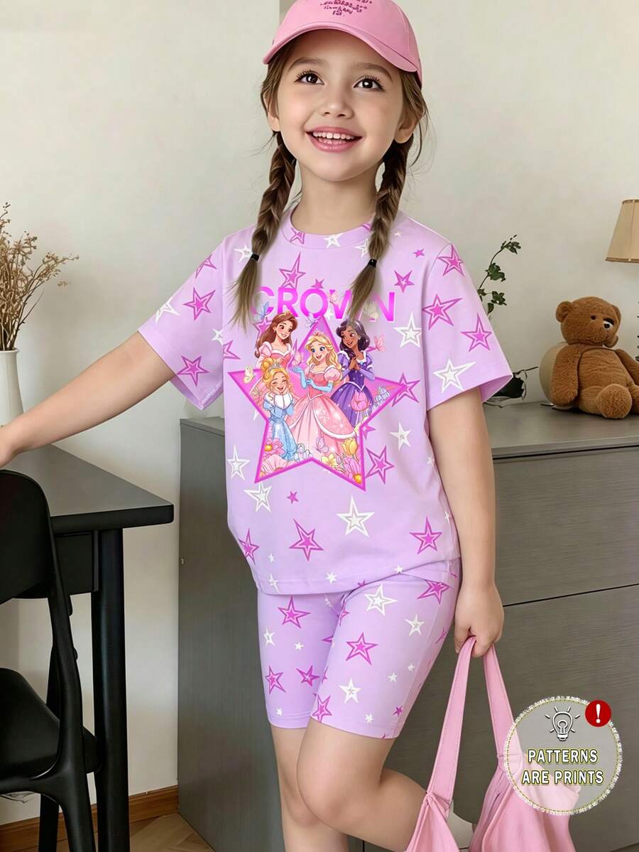 Bộ đồ hè 2 món cho bé gái, áo tay ngắn in hình công chúa và quần short in hình ngôi sao, màu tím, kiểu dáng thể thao năng động, ngọt ngào. - Nhiều màu - Xem 1
