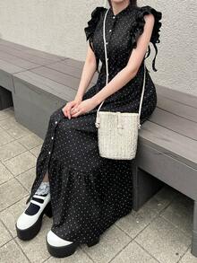 FRIFUL Đầm dài nữ chấm bi dáng suông, cài một hàng cúc, tay loe. - màu đen - Xem 2