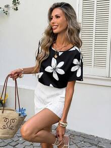 SHEIN LUNE Damen Casual Blumen Muster Fledermausärmel Loose Top und Plissee Shorts Set, Sommer - Schwarz - Übersicht 6
