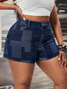 Slaydiva Pantalones cortos de mujer talla grande de mezclilla con estampado jacquard, sexy y elegante para verano, festival y vacaciones - Azul lavado oscuro - Ver 3