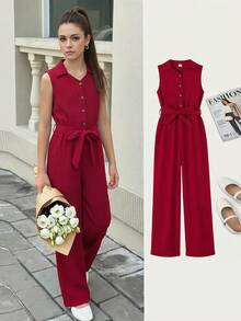 Bộ jumpsuit không tay dáng denim, cổ bẻ, cạp chun, thích hợp cho kỳ nghỉ biển của tuổi teen. - Đỏ - Xem 1