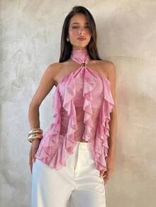 Aloruh Women's Elegant Multi-Layer Ruffle Trim Stand Collar Fitted Tank Top,Summer Top - Pink - View 6