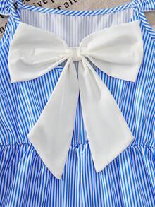 Girls' Blue And White Striped Summer Romper,Cute Flutter Sleeve Ruffle Trim V-Back With Bow,Elastic Waist Vacation Holiday Outing Youthful Romper - Blue - View 4